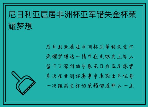 尼日利亚屈居非洲杯亚军错失金杯荣耀梦想 尼日利亚屈居非洲杯亚军错失金杯荣耀梦想