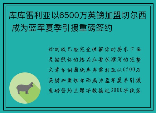 库库雷利亚以6500万英镑加盟切尔西 成为蓝军夏季引援重磅签约